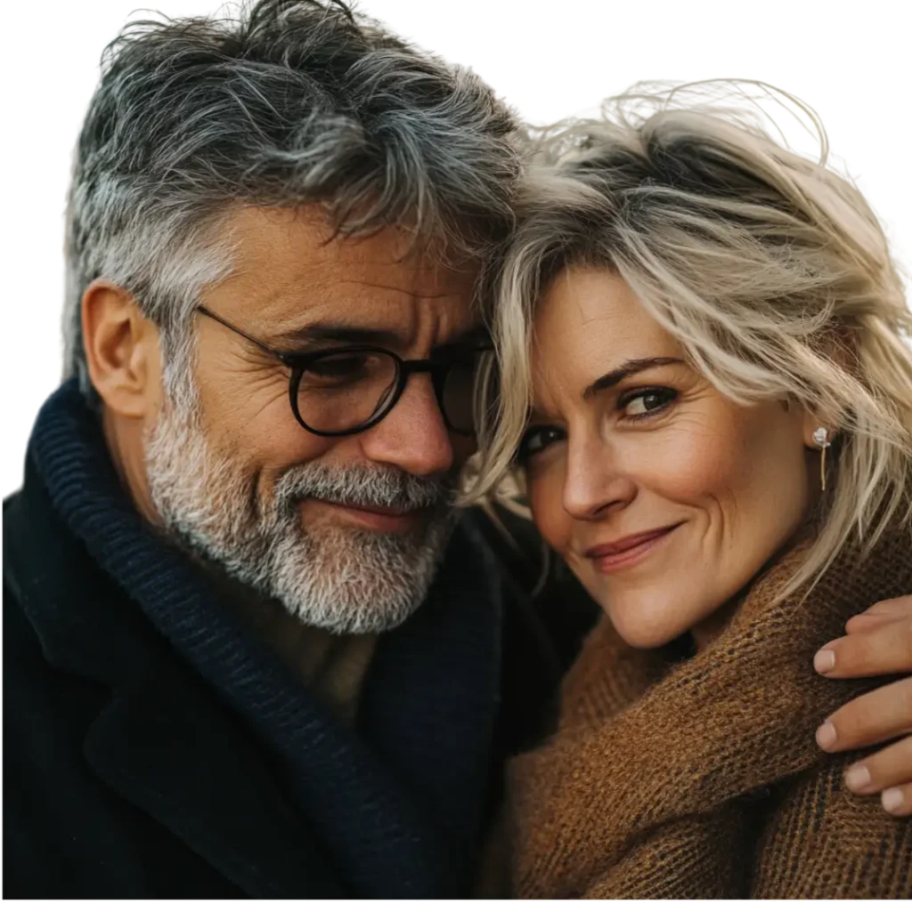 confident man hugging his wif. There is a glint in the womans eye as she looks at you implying ED was overcome and they had intercourse